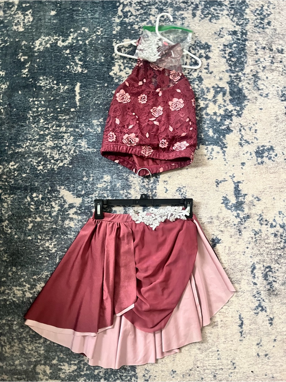 Weissman Rose-Embroidered Two-Piece Dance Set in Wine and Light Pink